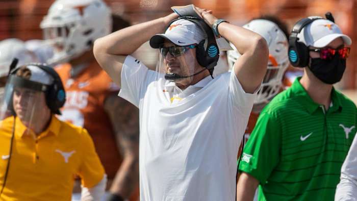 exas Longhorns head coach Tom Herman looks on during the first half against TCU Horned Frogs in a NCAA college football game at Darrell K Royal-Texas Memorial Stadium.